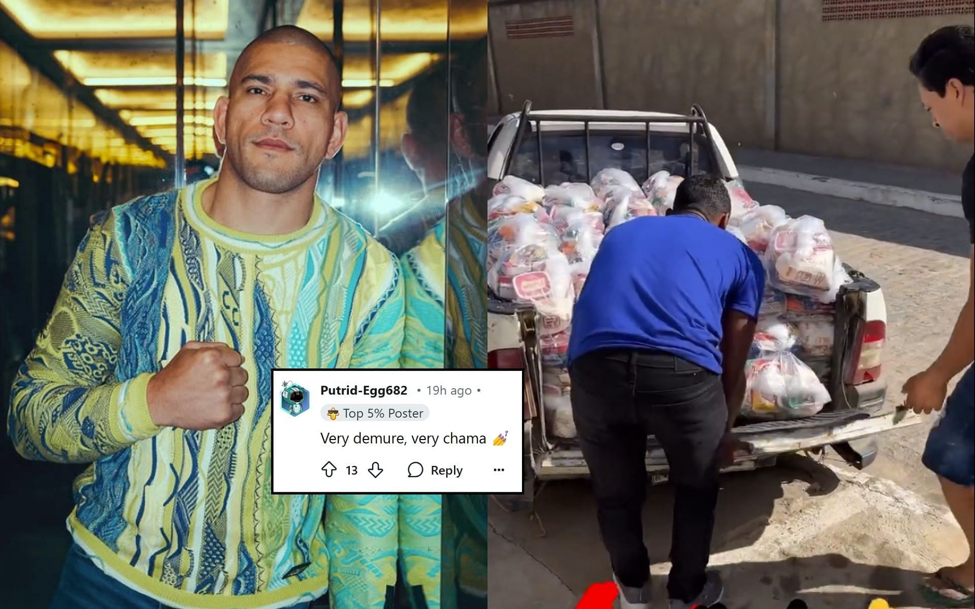 Fans react (insert) to Alex Pereira (left) and his philantrophic work (right). [Image credit: r/ufc on Reddit, @alexpoatanpereira on Instagram]