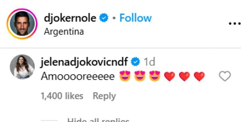 Novak Djokovic&#039;s wife Jalena reacts to Serb&#039;s stylish look (via Instagram)