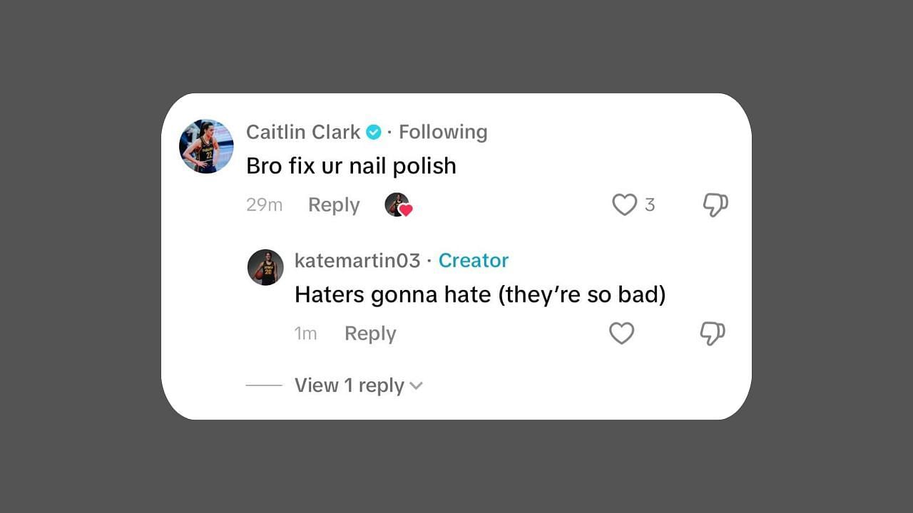 Caitlin Clark comments on Kate Martin&#039;s TikTok. (Credits: @katemartin03/TikTok)