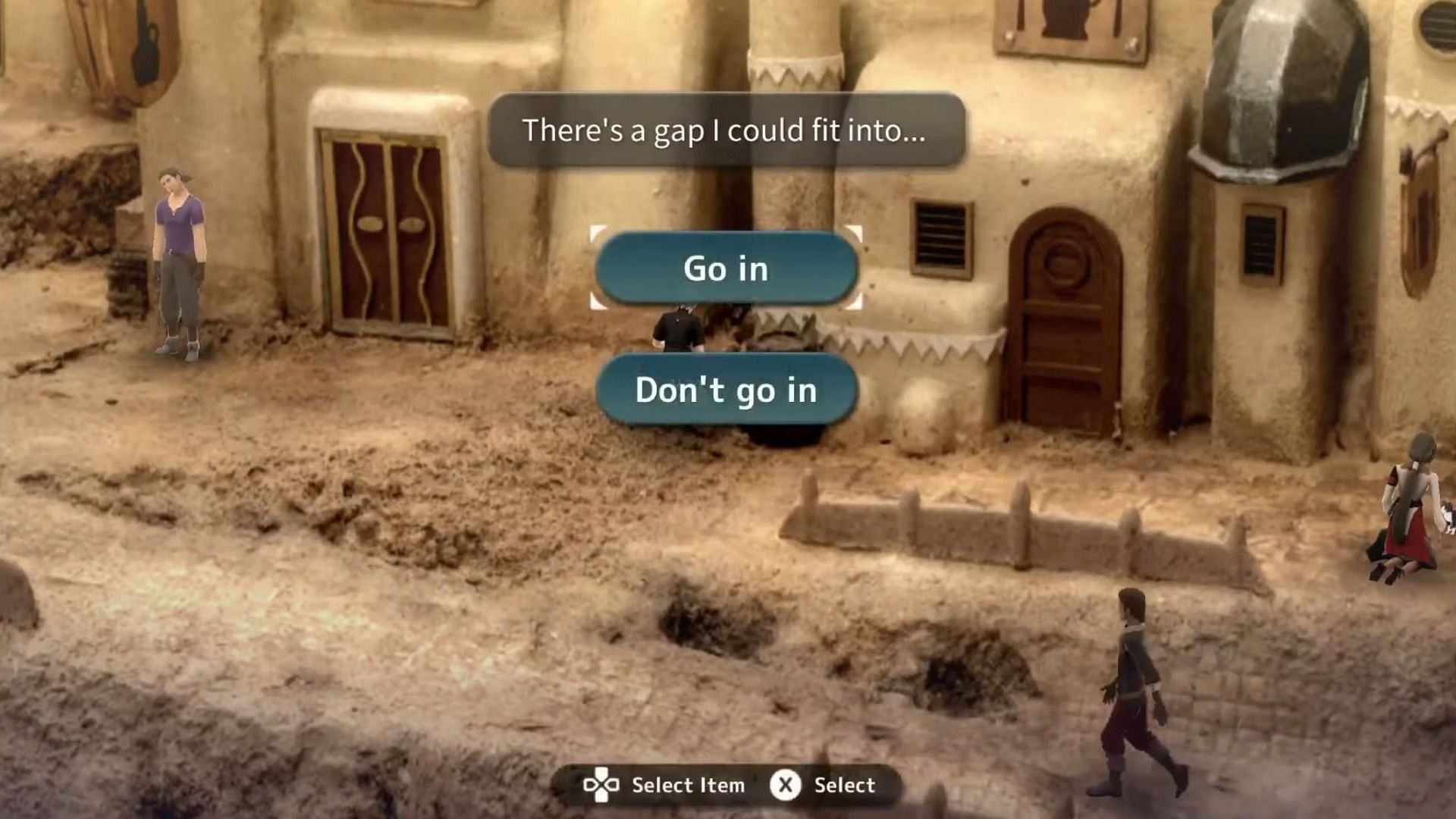 Head between this gap to progress the quest (Image via Mistwalker/Square Enix || YouTube/@zerosttube)