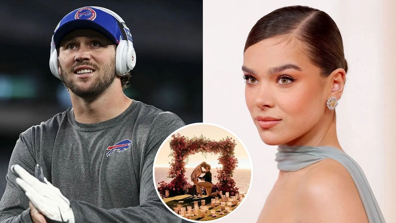 Josh Allen, Hailee Steinfeld, (Source: Getty Images) | Josh proposing to Hailee (Source: Via Instagram/ @JoshAllenQB)