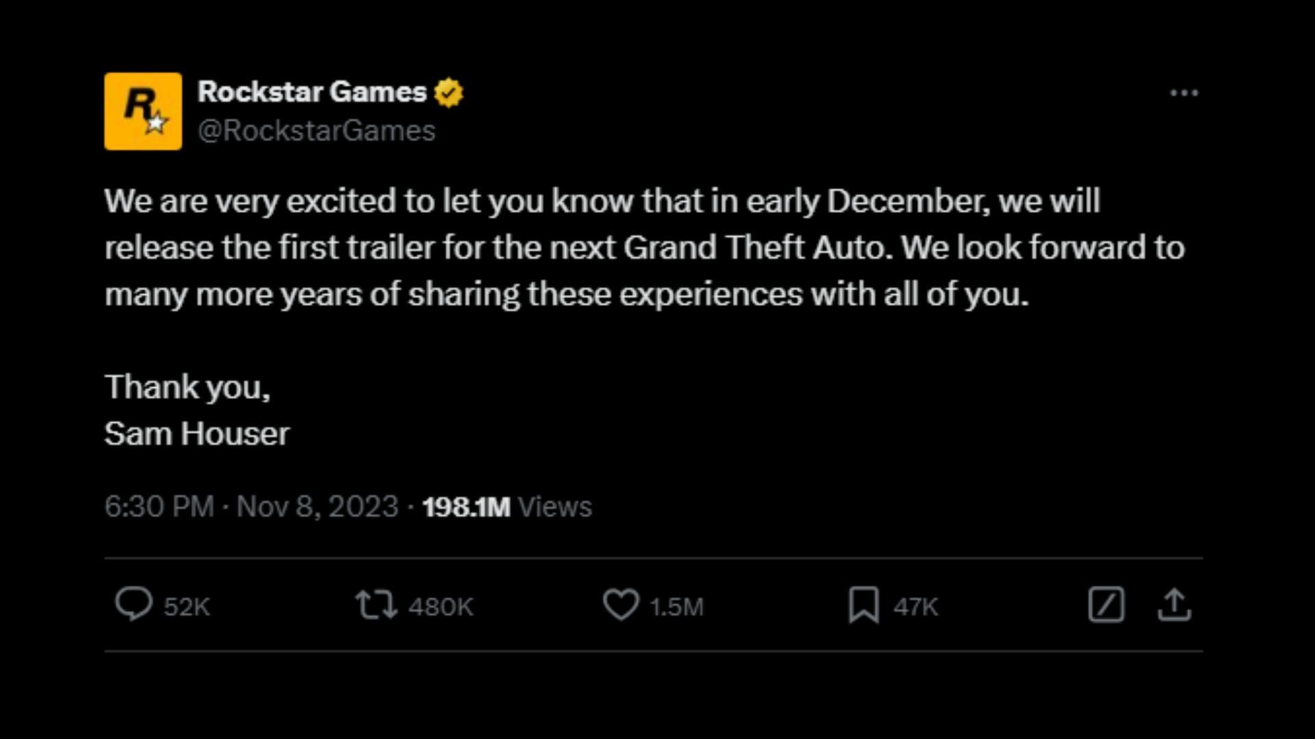 Rockstar announcing the arrival of GTA 6&#039;s first trailer (Image via Rockstar Games)