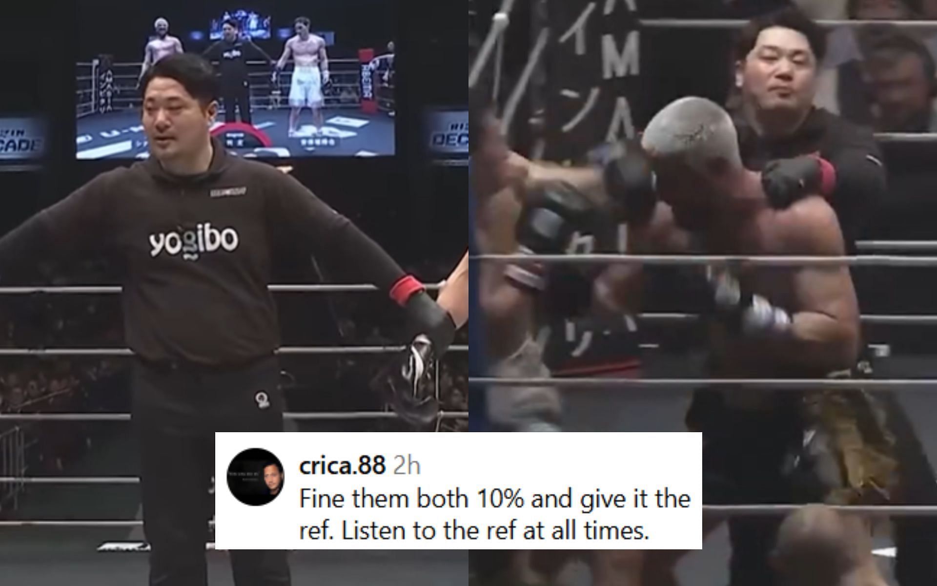 The referee (left) accidentally absorbed two strikes (right) at the recent RIZIN event. [Images courtesy: @rizin.tv on Instagram]