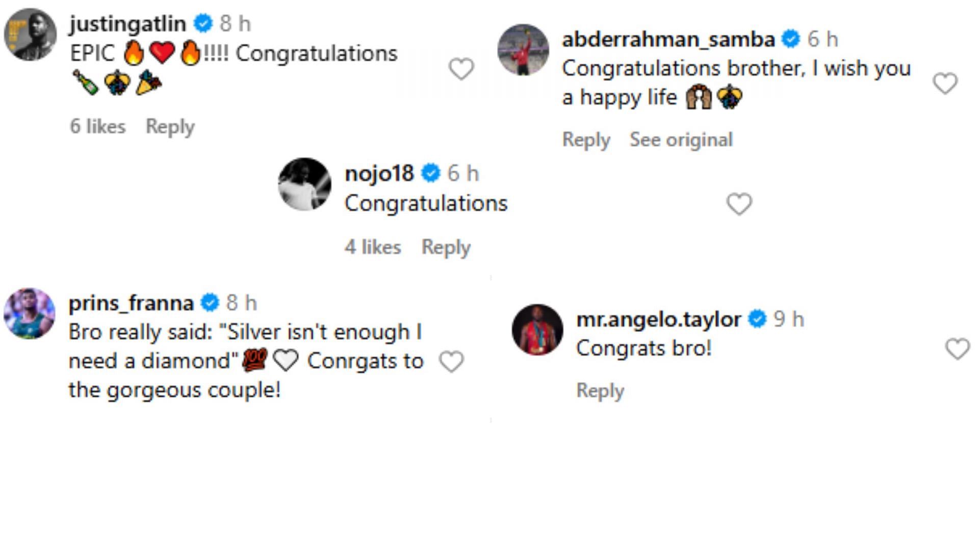 Screengrab of comments on Akani Simbine&#039;s Wedding [Image Source : Instagram]