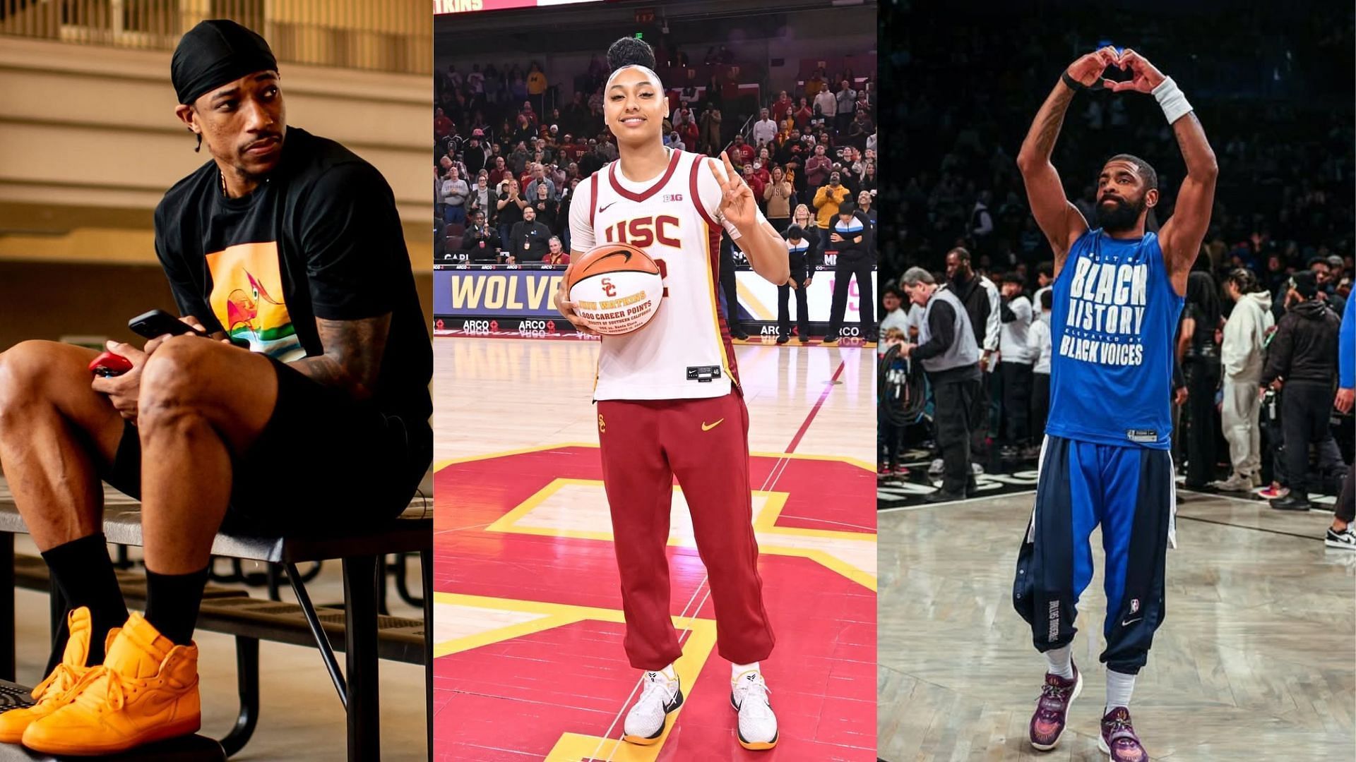 DeMar DeRozan (left), JuJu Watkins (centre) and Kyrie Irving (right) [Images via IG/ @uscwbb, @demar_derozan, @kyrieirving]