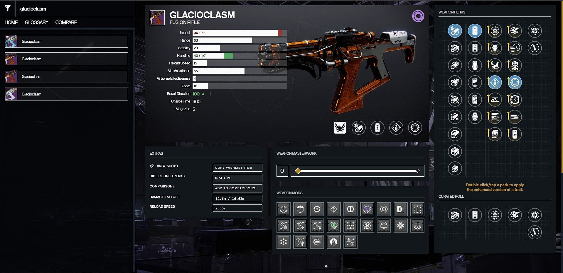 The Glacioclasm PvE god roll (Image via Bungie/D2Gunsmith)