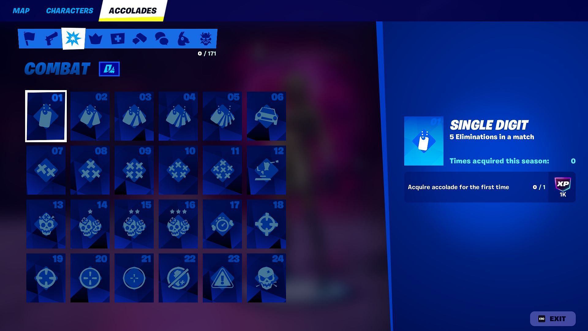 List of all Combat Accolades in Fortnite Chapter 6 Season 1 (Image via Epic Games)