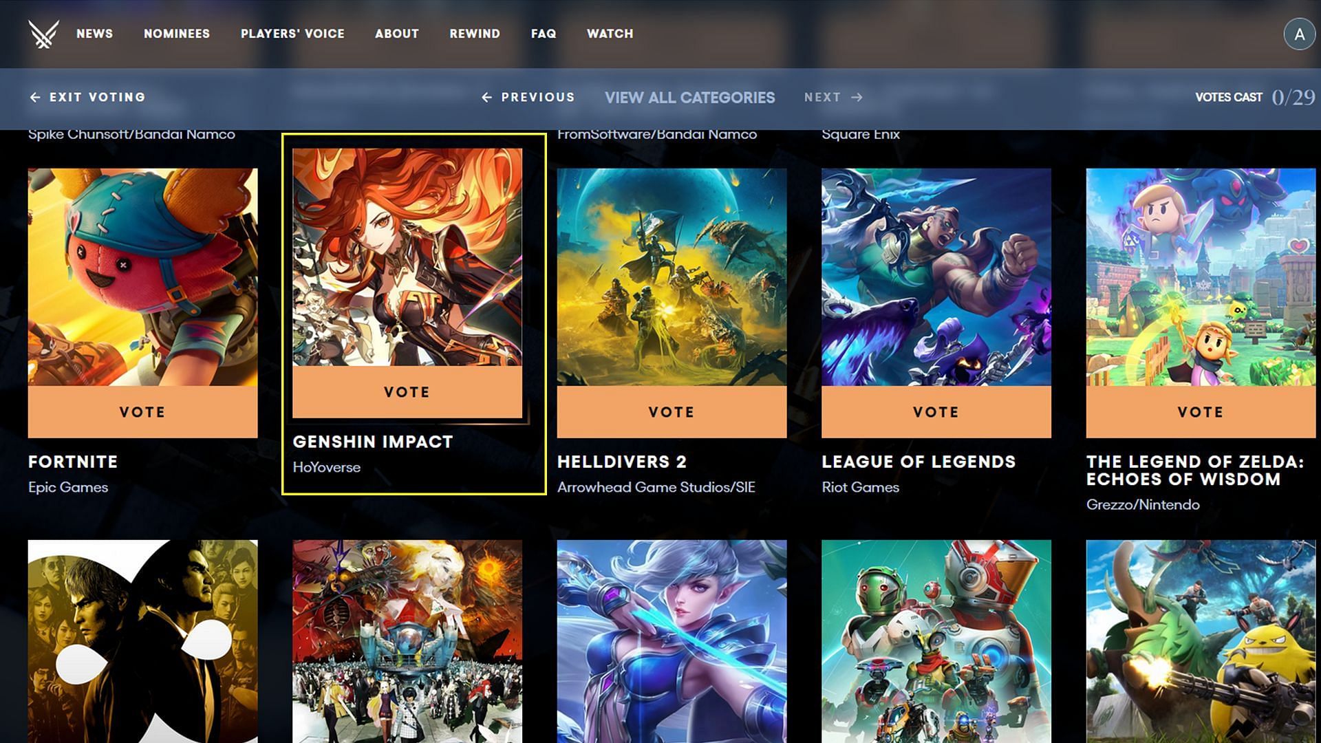 Pick Genshin Impact and vote (Image via The Game Awards)