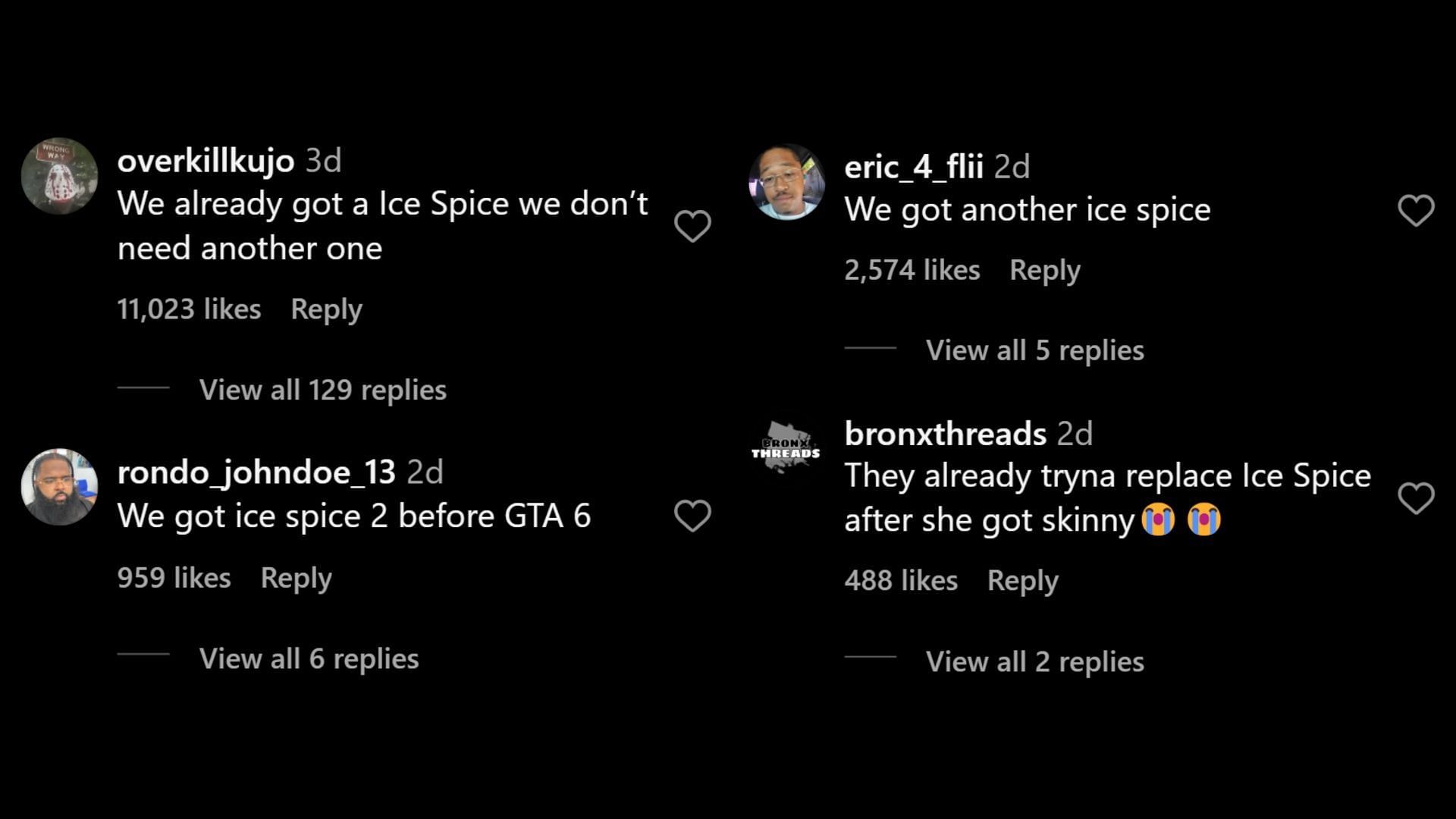 Netizens flooded Sandy&#039;s comments section with Ice Spice comparisons and jokes (Image via Instagram)