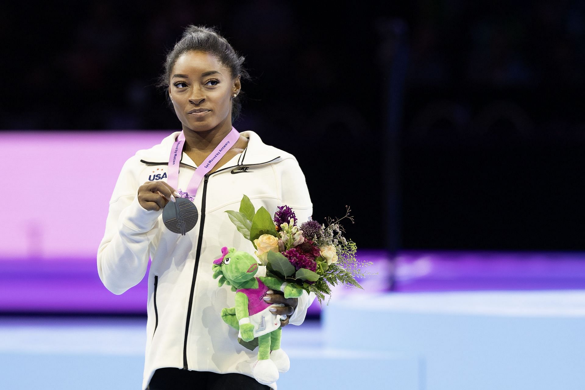 Biles celebrating her beam balance victory at the 2023 World Gymnastics Championships in Antwerp (Image via: Getty Images)