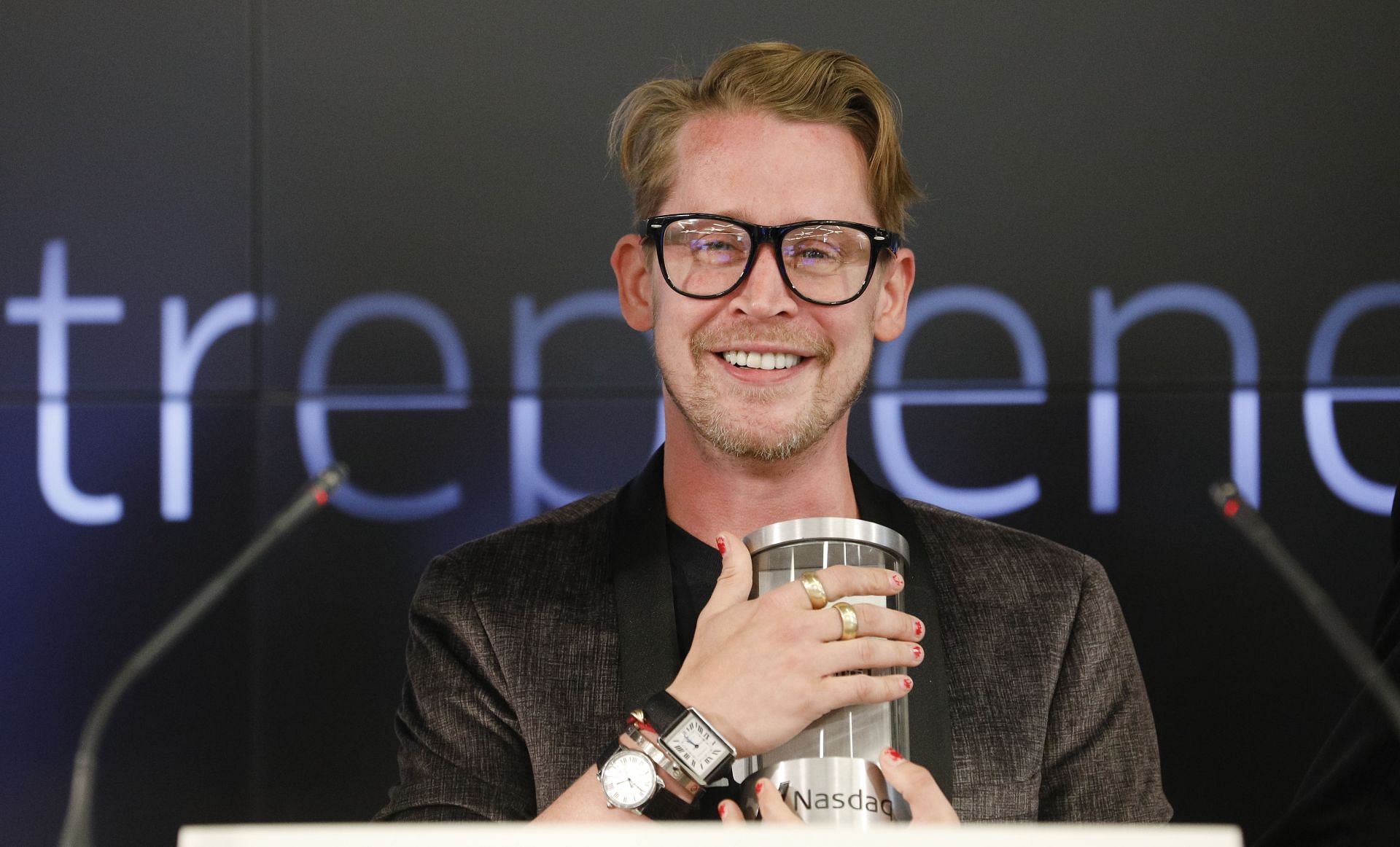 Macaulay Culkin and Stewart Miller, co-founders of Lifestyle Media Bell Ringers of the Nasdaq Closing Bell from the Nasdaq Entrepreneurial Center in San Francisco, joined by the Graduating Class of the Lehigh Startup Academy - Source: Getty