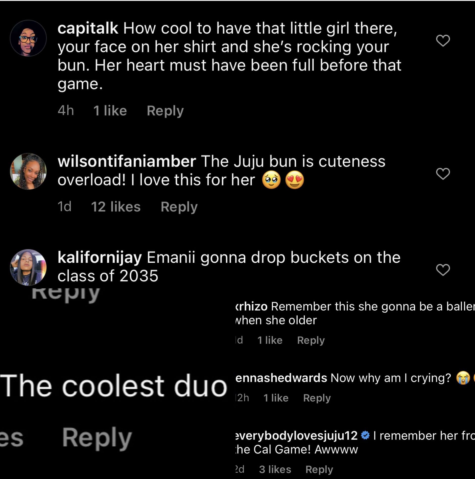 Screenshot of fans&#039; comments on JuJu Watkins&#039; reunion with young fan Emanii at USC vs Fresno State game. IG image via @uscwbb