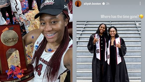 Aliyah Boston (left) posted a graduation picture of her former South Carolina teammates Te-Hina Paopao and Bree Hall on her Instagram story. Source: Instagram/@aliyah.boston