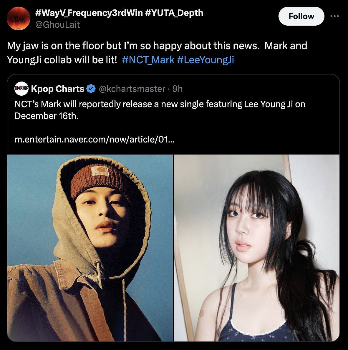 A fan reacts to the news of Young-ji featuring on Mark&#039;s upcoming single (Image via X/@GhouLait)