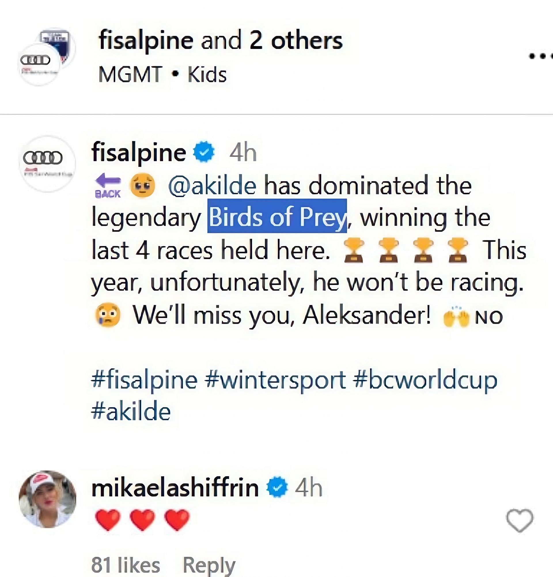 Mikaela Shiffrin reacts to Aleksander Kilde&#039;s reel  - Source: @fisalpine on Instagram