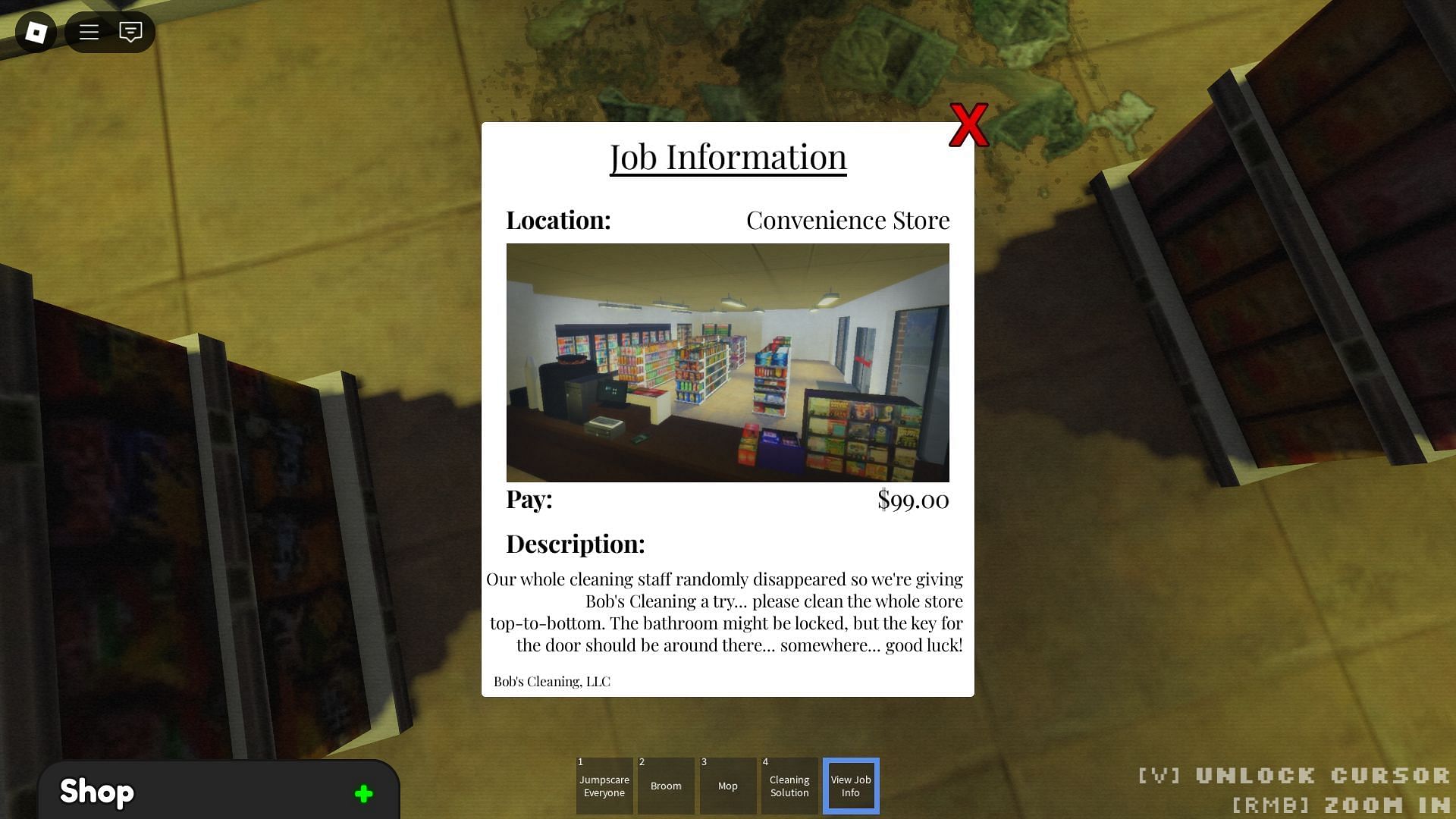 You can find the basic information on the Job Info item in Short Horror Games (Image via Roblox)