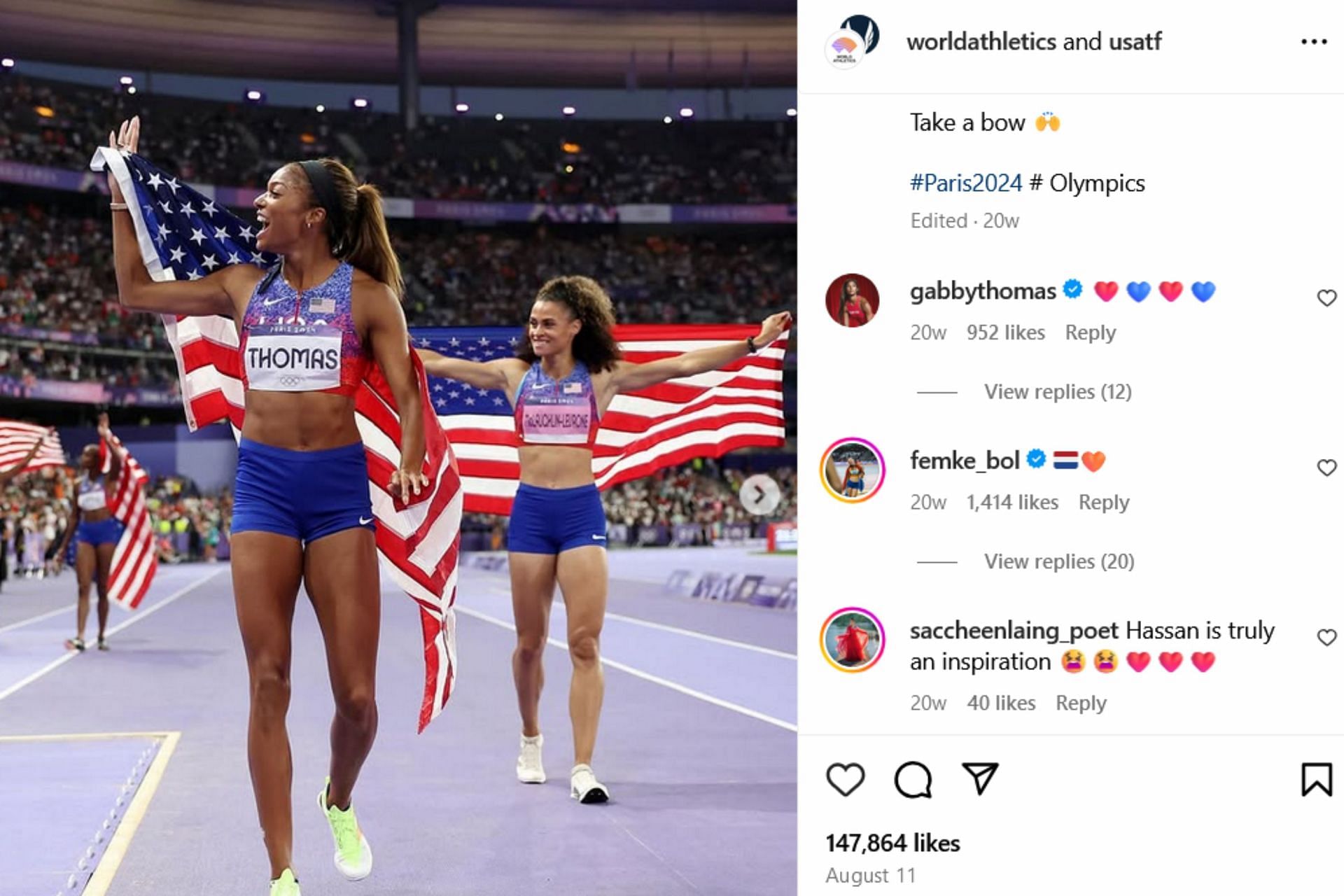 Screenshot of Gabby Thomas and Femke Bol&rsquo;s comment. Credits - IG/ @worldathletics