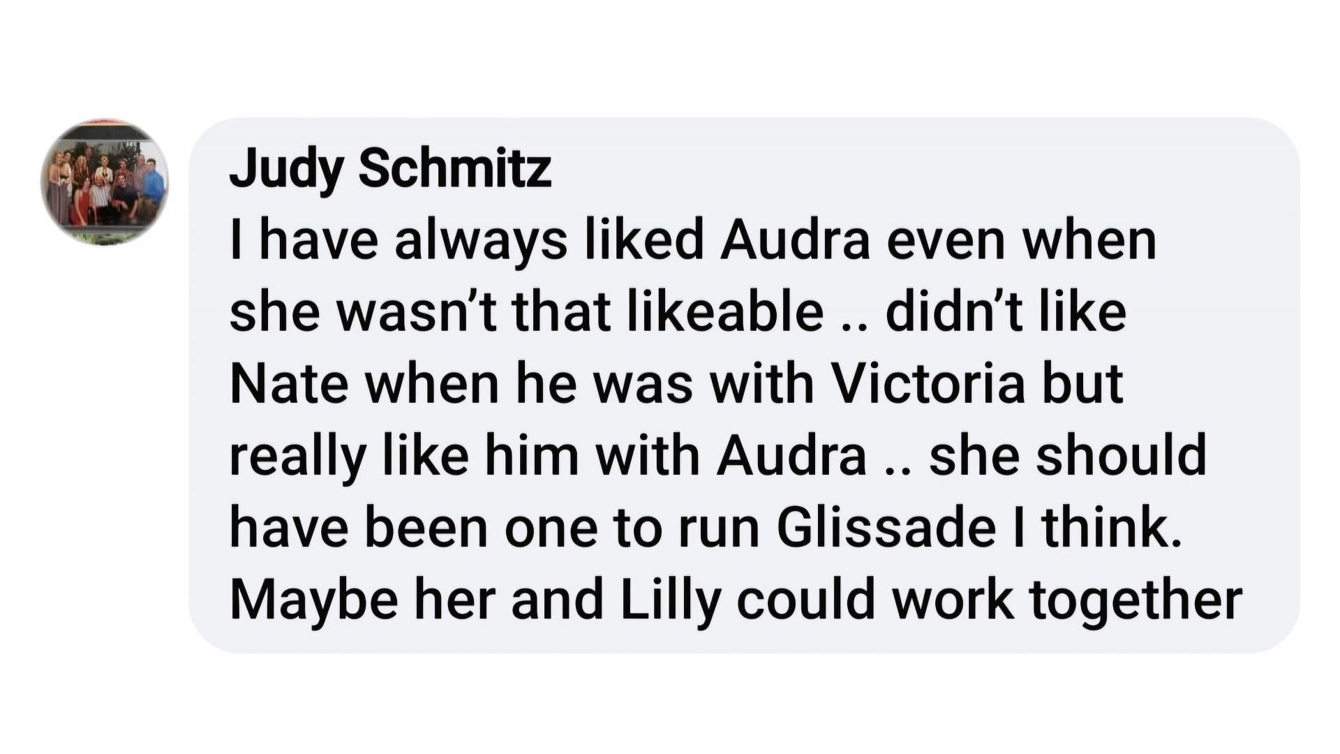 A fan comment discussing Nate and Audra&#039;s previous romantic entanglements (via Kim Church Mumm / Facebook)