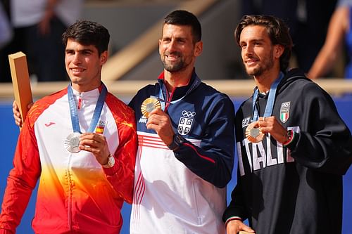 Carlos Alcaraz, Novak Djokovic, and Lorenzo Musetti at 2024 Summer Olympics (Source: Getty)