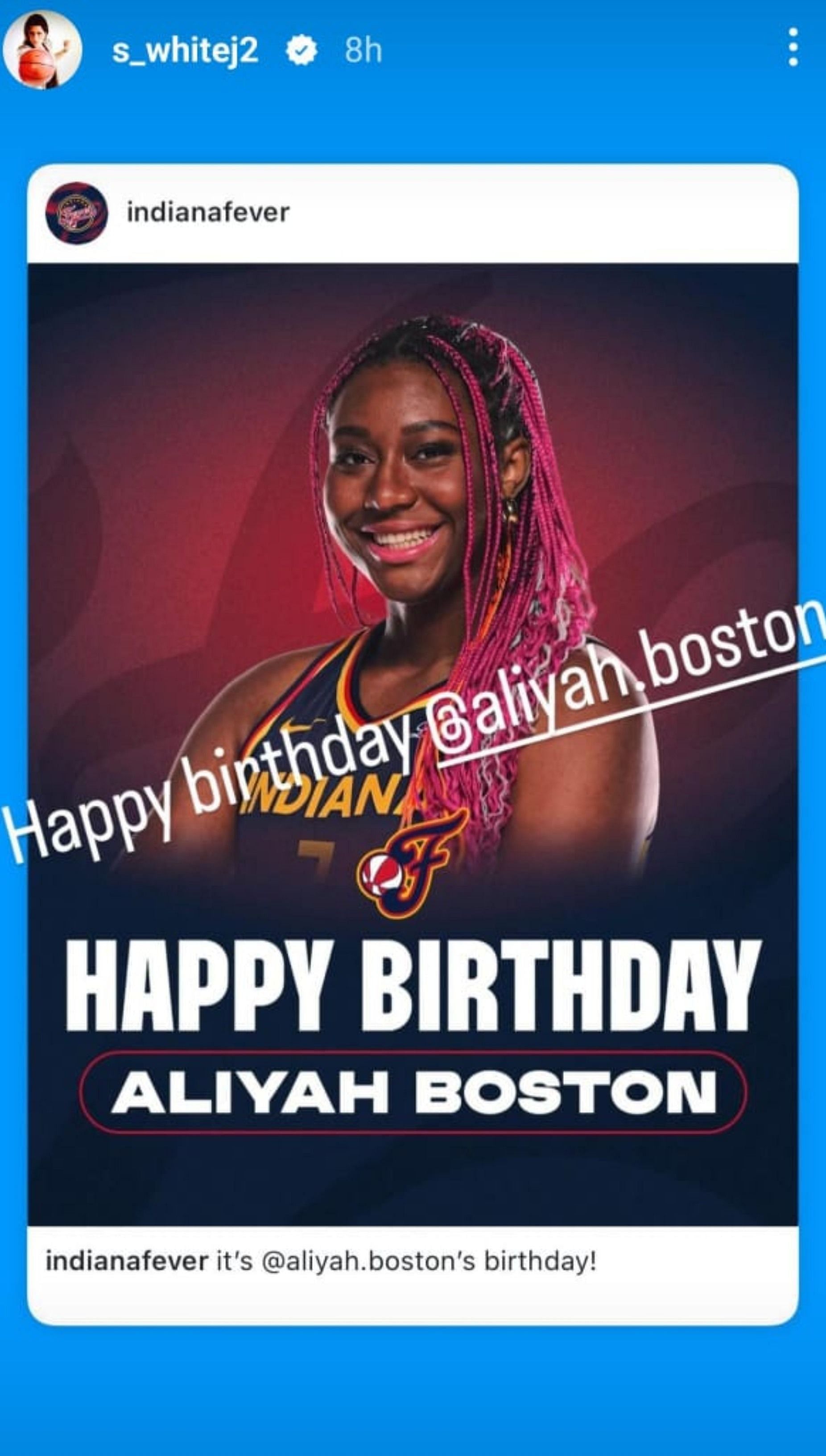 Coach Stephanie White greets Aliyah Boston on her birthday. Image source: IG.com/s_whitej2