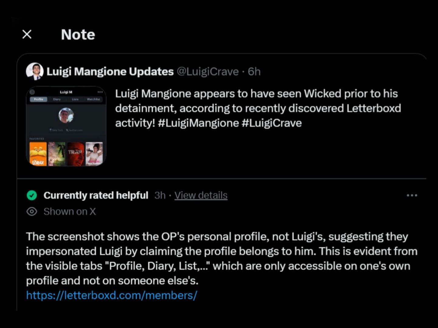 X Community Notes claims the shared screenshot does not show Luigi&#039;s Letterboxd profile. (Image via X/@LuigiCrave)