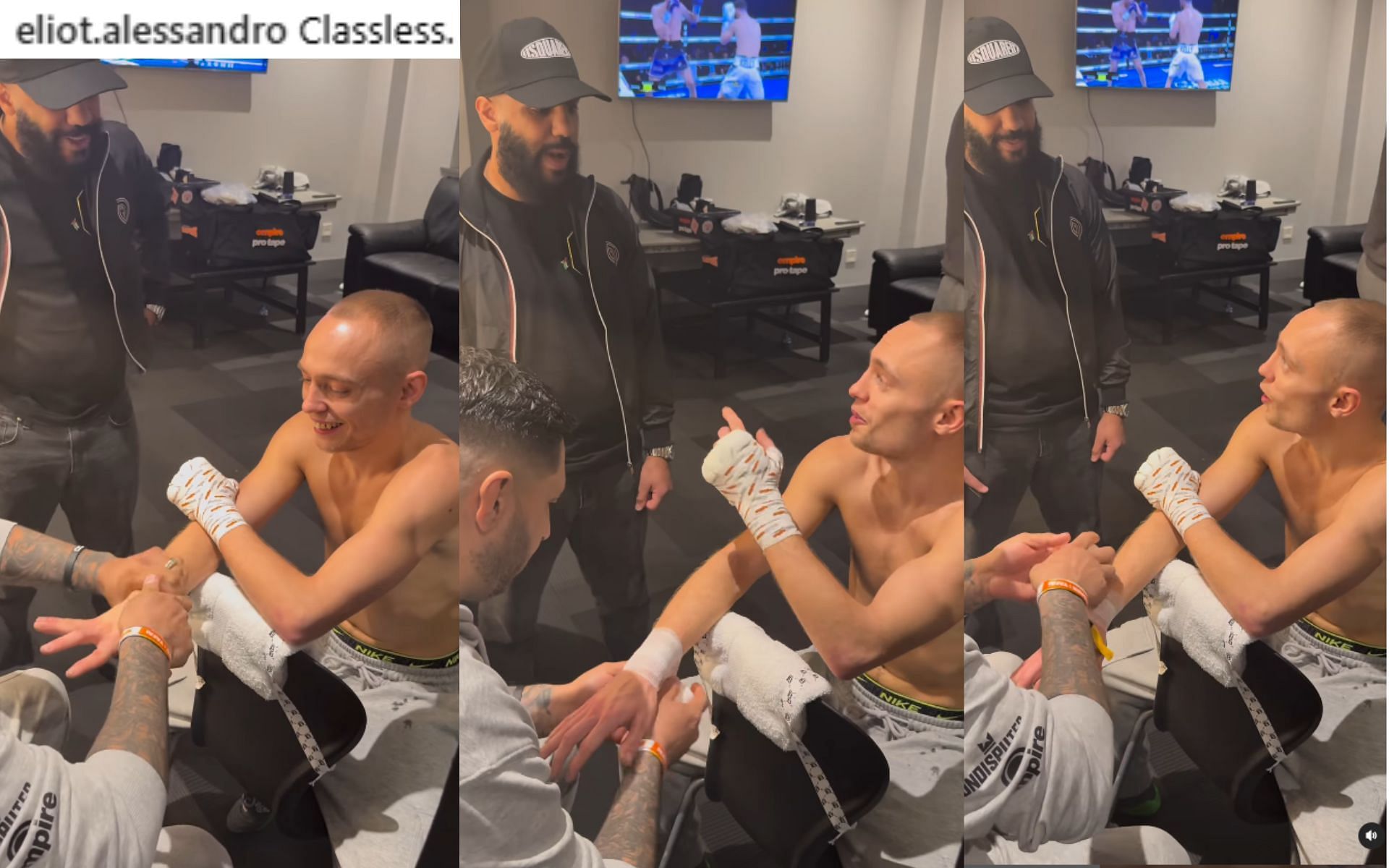 Kal Yafai (left of each image) and Sunny Edwards (right of each image) trade words in locker room ahead of Galal Yafai clash [Images courtesy: @matchroomboxing on Instagram]