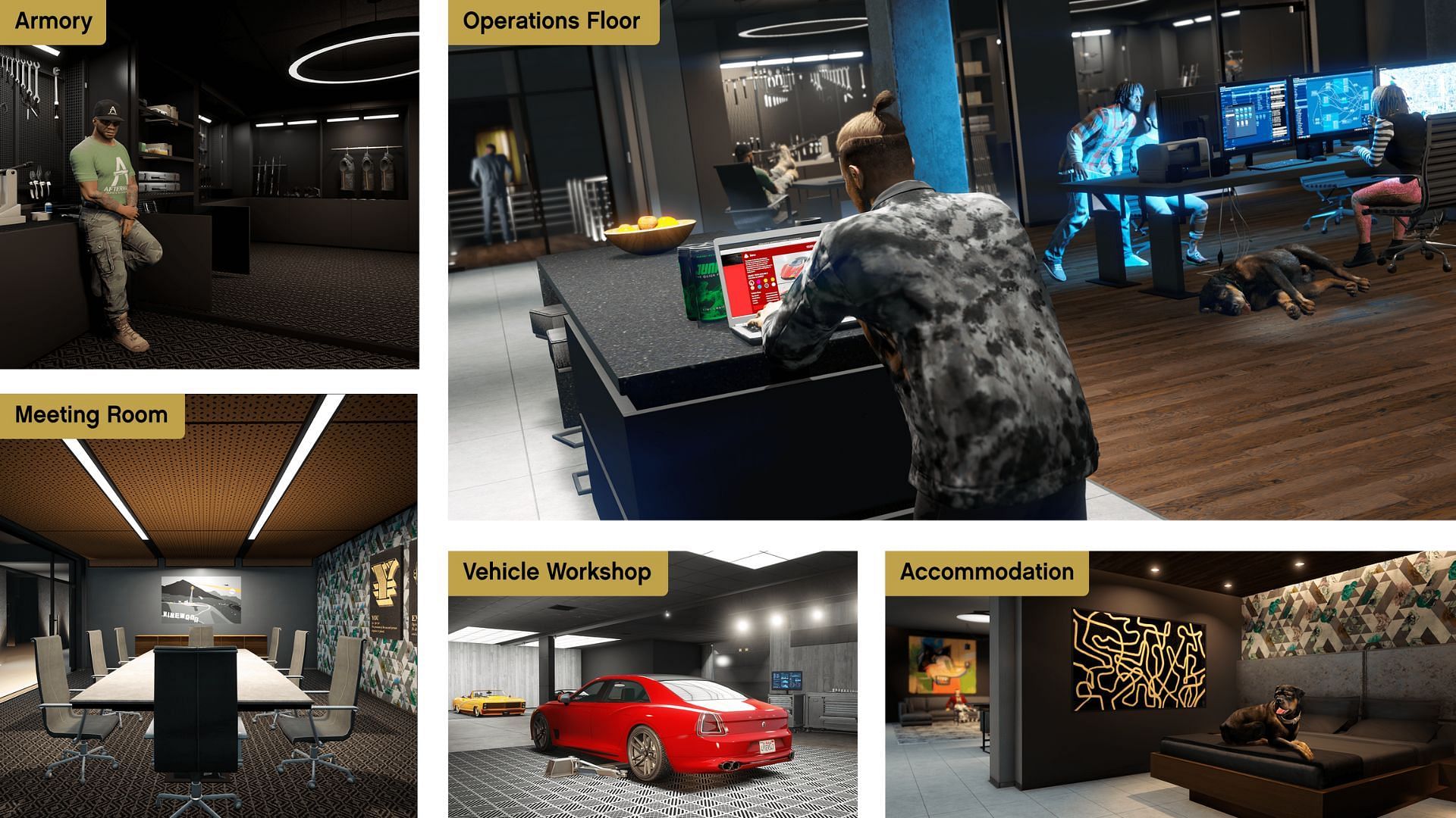 A collage of features available for Agency owners (Image via Rockstar Games)