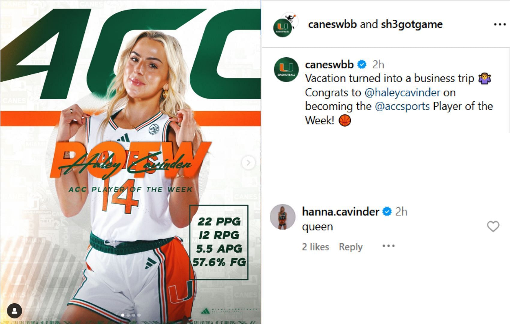 Hanna Cavinder&#039;s comment for her sister&#039;s Player of the Week award