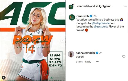 Hanna Cavinder's comment for her sister's Player of the Week award