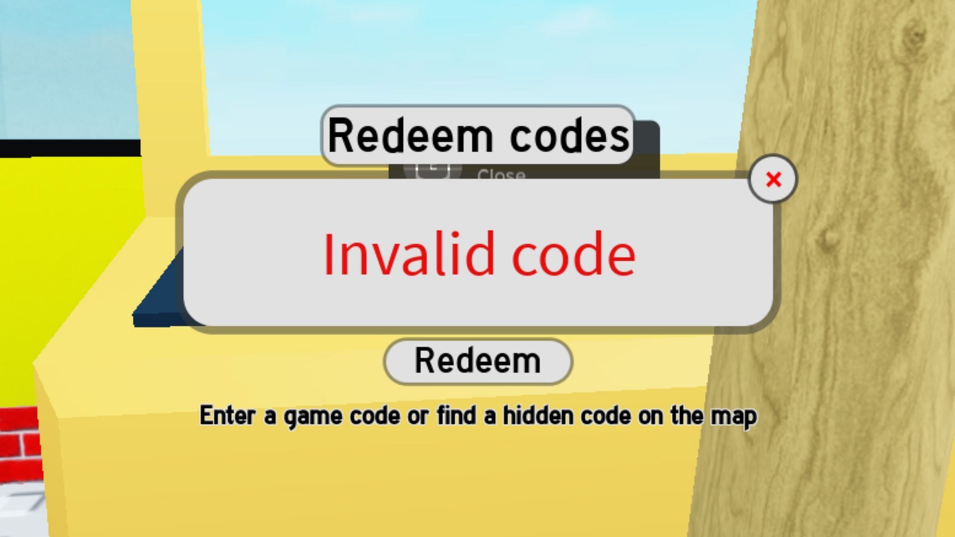 The &quot;Invalid code&quot; error message will appear after redeeming an incorrect code (Image via Roblox)