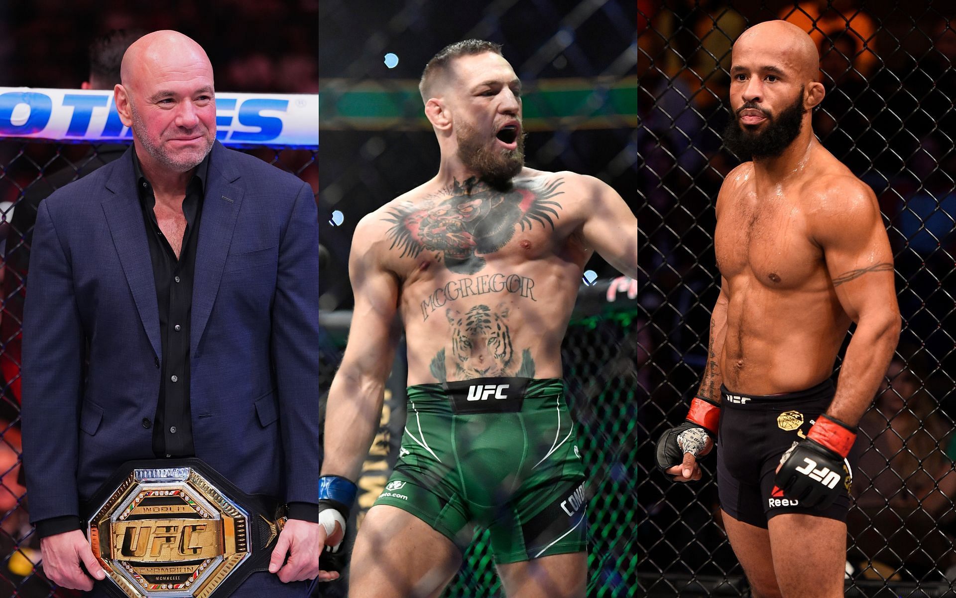 Dana White (left) has often praised both Conor McGregor (middle) and Demetrious Johnson (right) [Images courtesy: Getty Images]