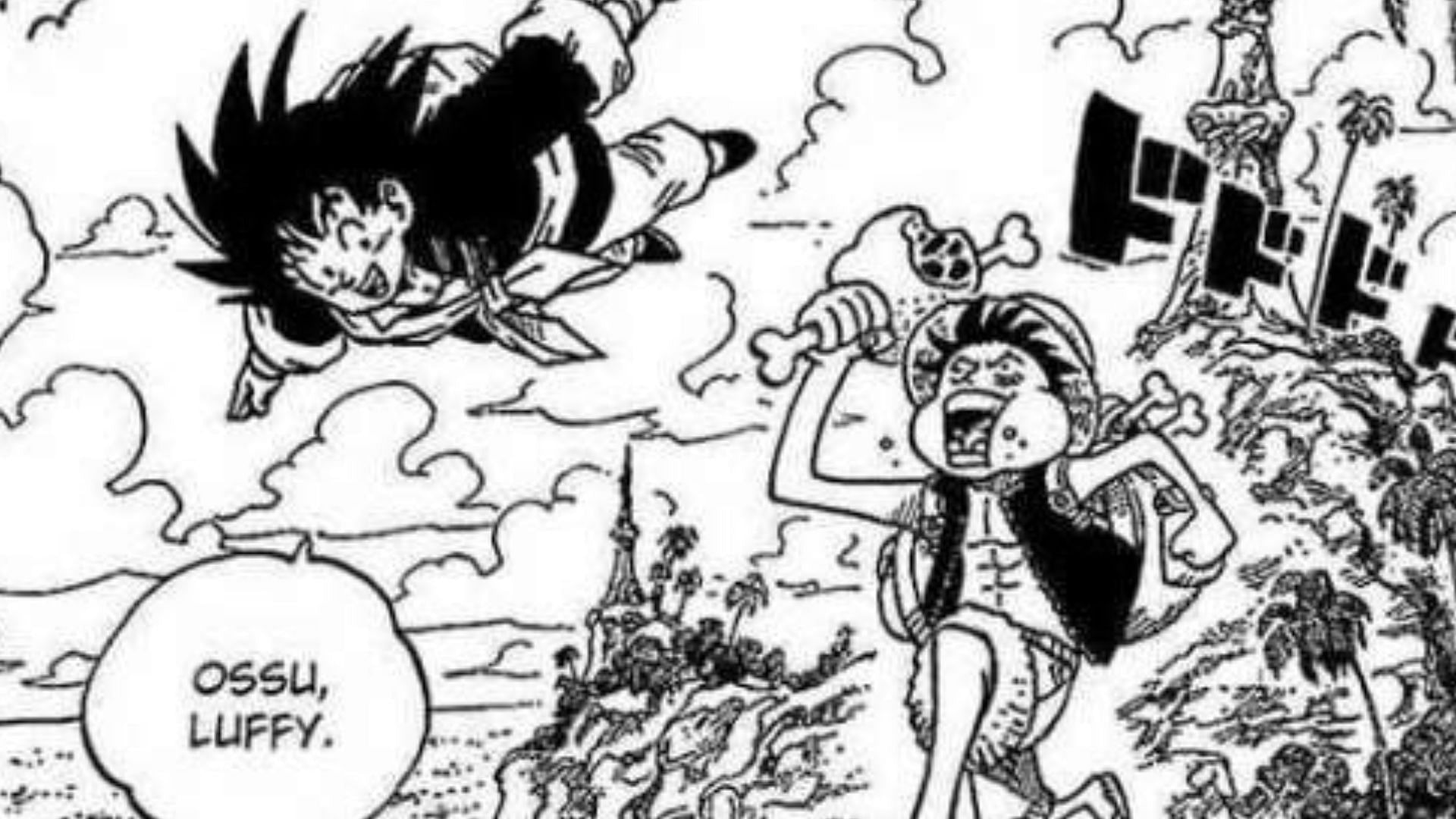 Goku and Luffy as shown in a crossover chapter (Image via Shueisha)