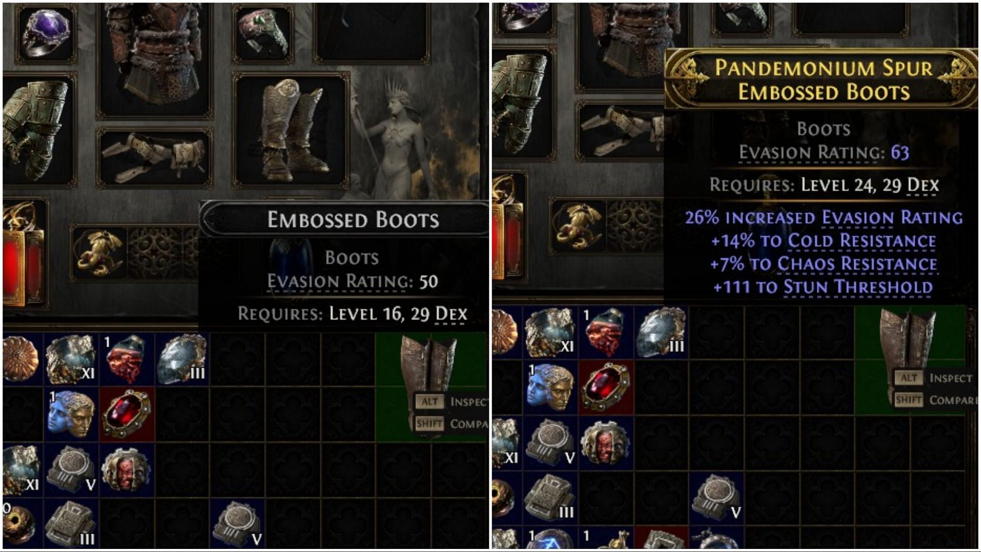 Before vs After using Alchemy Orb on an item (Image via GGG)