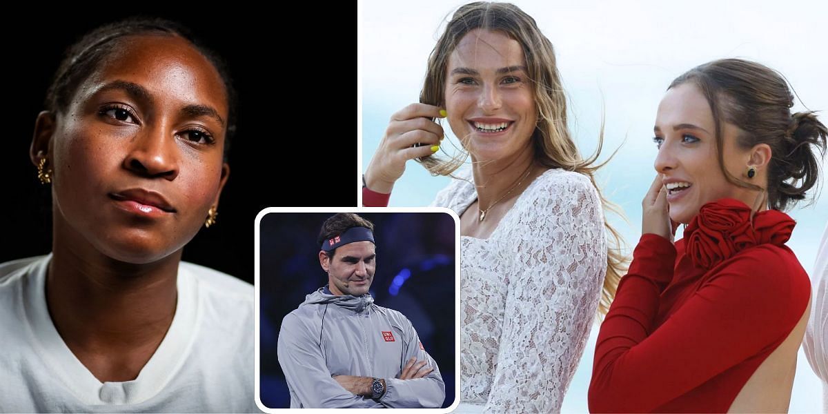 Coco Gauff (L);  Iga Swiatek and Aryna Sabalenka (R); Roger Federer (inset) - Image Source: Getty