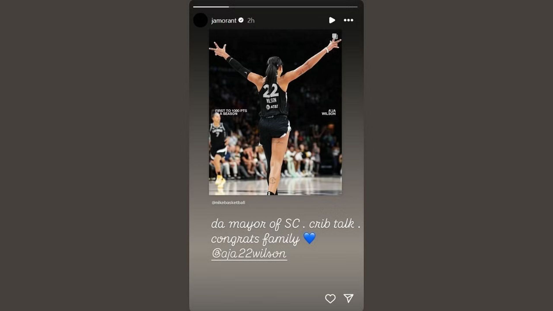 Morant sends message of support to A'ja Wilson after she records 1,000-point season. Photo Credits: Ja Morant's IG account