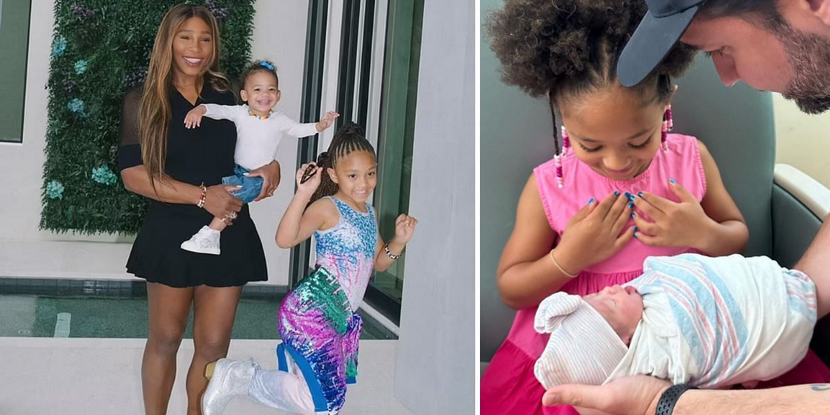 Serena Williams pictured with daughters Olympia and Adira (L); the siblings with their father Alexis Ohanian (R) - Image Source: Instagram @serenawilliams , @alexisohanian