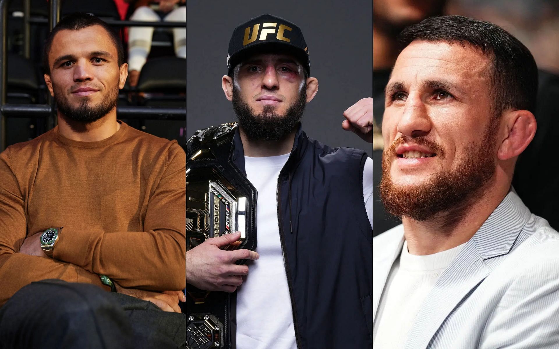 Islam Makhachev (middle) and Umar Nurmagomedov (left) poke fun at Merab Dvalishvili (right) [Image courtesy: Getty]