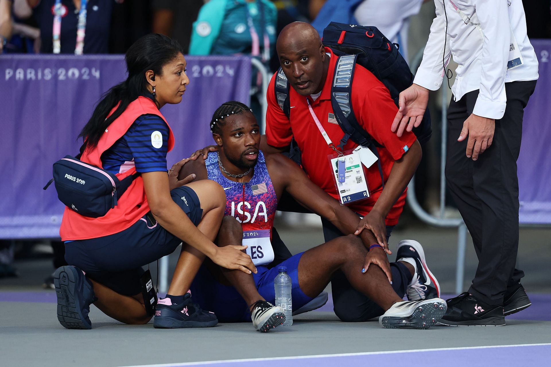 Noah Lyles after 200m at Paris Olympics. (Photo by Michael Steele/Getty Images)