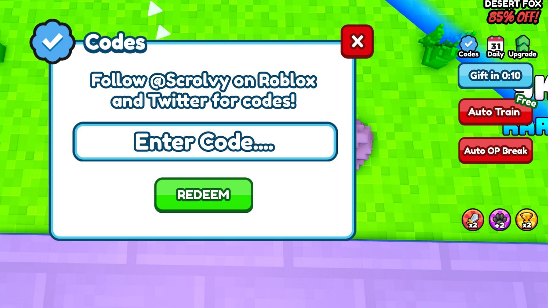 Redeem codes in +1 Block Per Click (Image via Roblox)