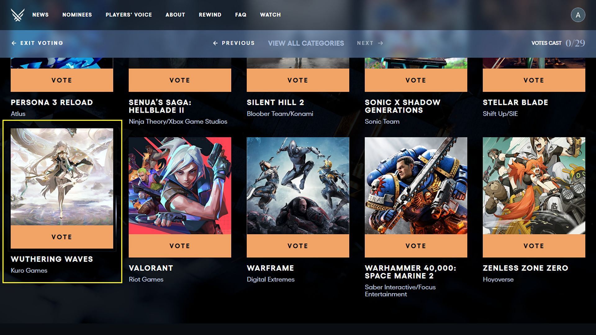 Select Wuthering Waves and vote (Image via The Game Awards)