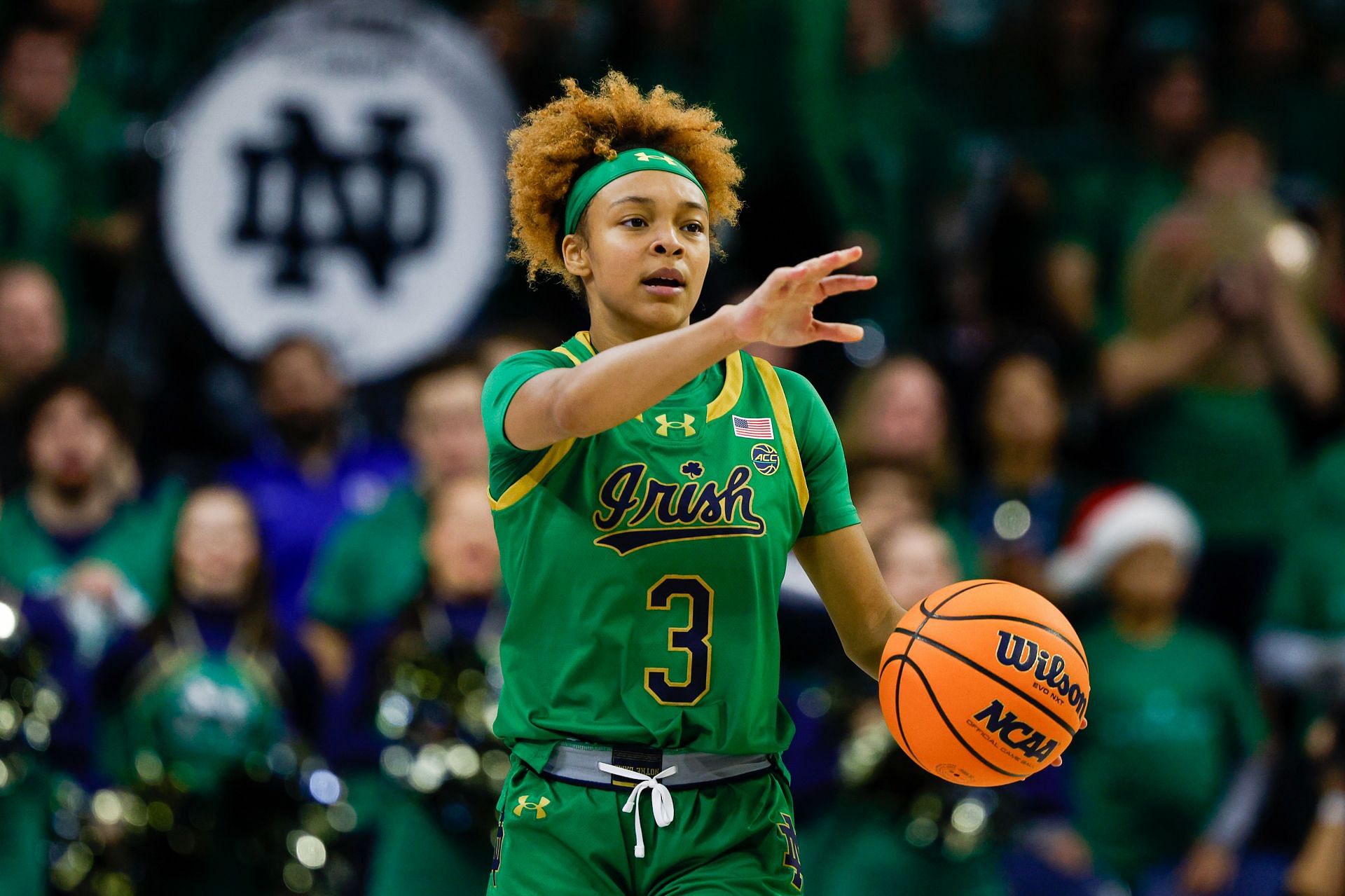 Hannah Hidalgo (#3) of the Notre Dame Fighting Irish directs her teammates during their game against the UConn Huskies at Purcell Pavillion on December 12, 2024 in South Bend, Indiana. Photo: Getty