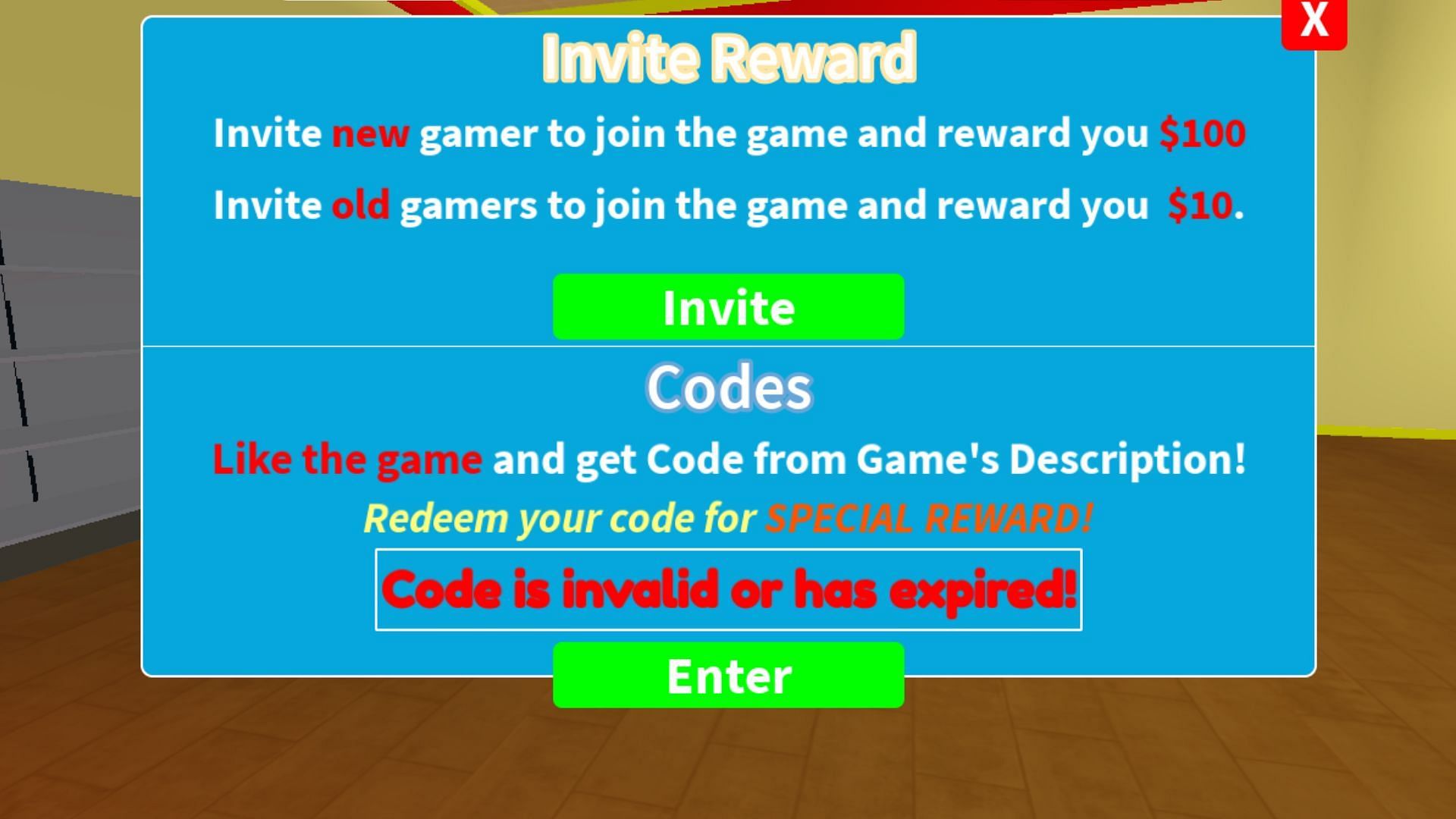 The &quot;Code is invalid or has expired!&quot; error notification in Supermarket Simulator (Image via Roblox)