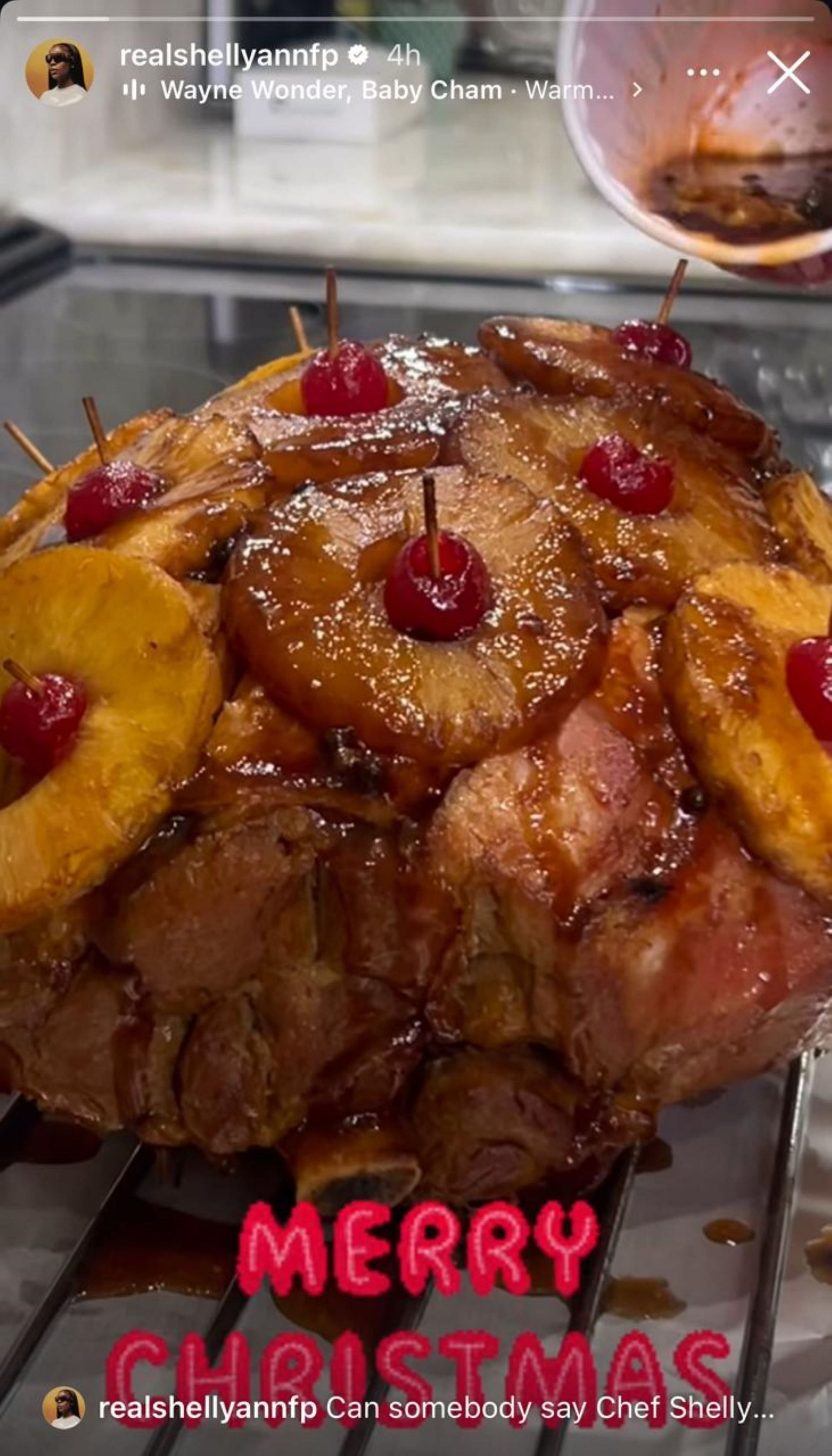 Shelly-Ann Fraser-Pryce cooks pineapple brown sugar glazed ham for Christmas; Instagram - @realshellyannfp