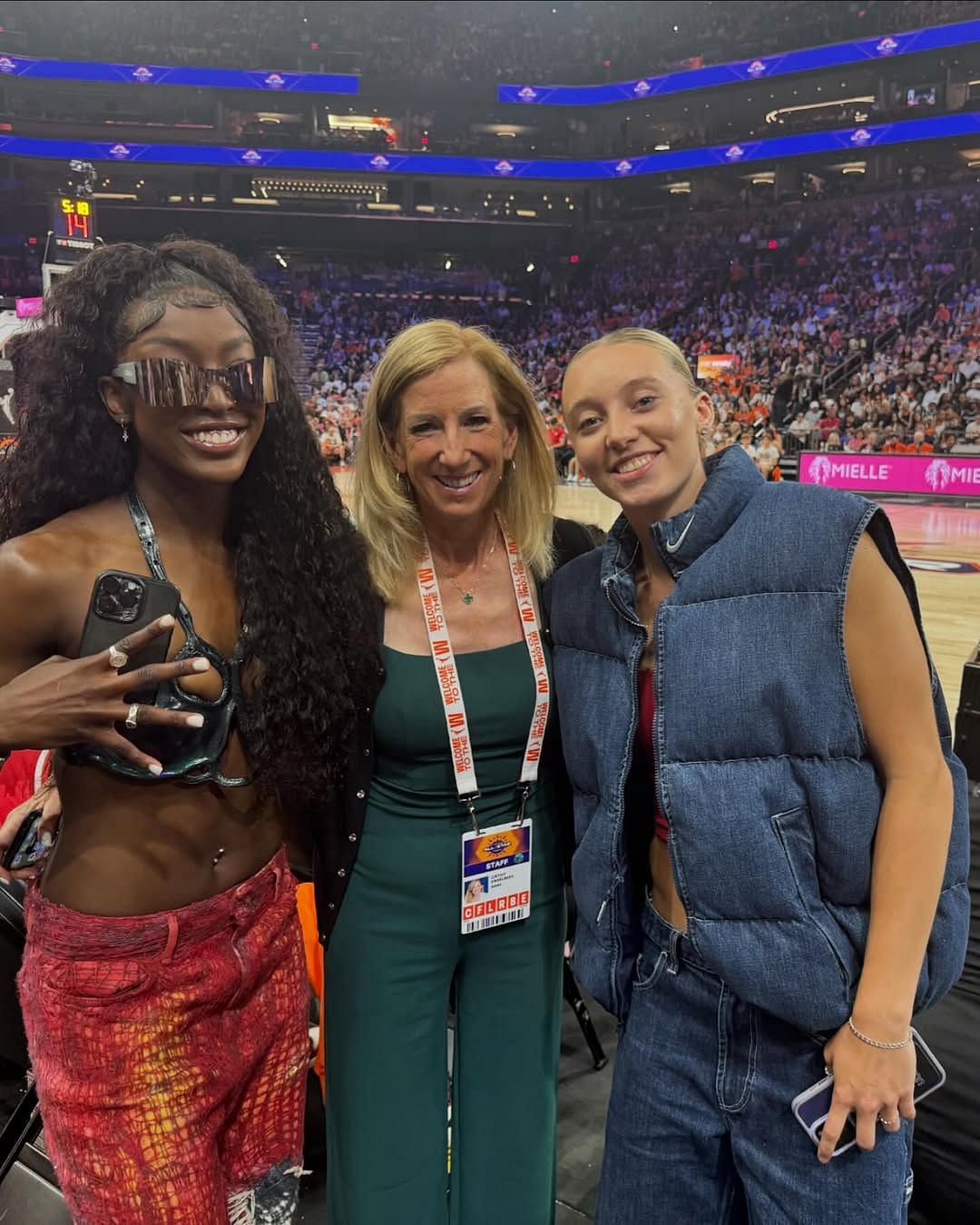 Paige Bueckers and Flau&#039;Jae Johnson with WNBA commissioner Cathy Engelbert during WNBA All Star Game 2024 (Image via IG/@flaujae)