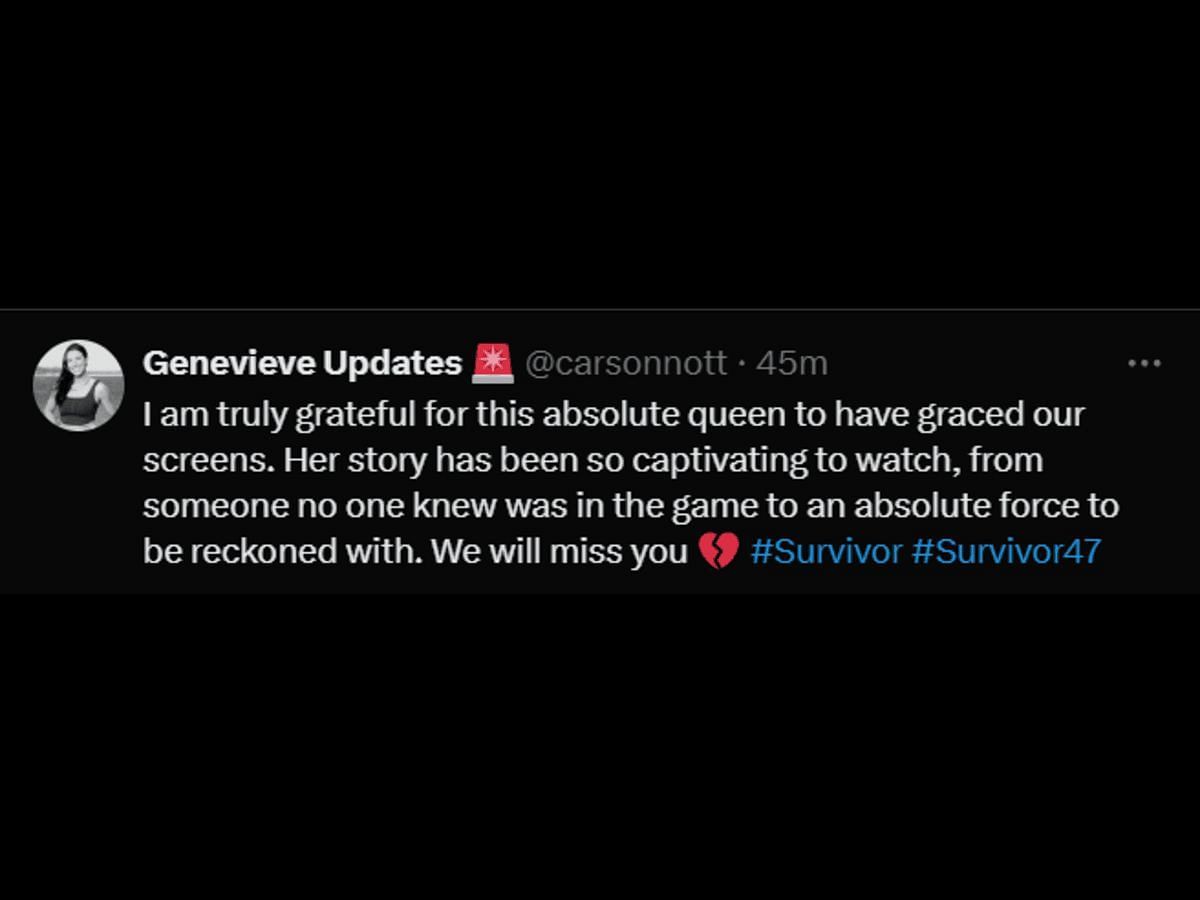 A Survivor fan reacts to Genevieve&#039;s elimination (Image via X/ @carsonnott)