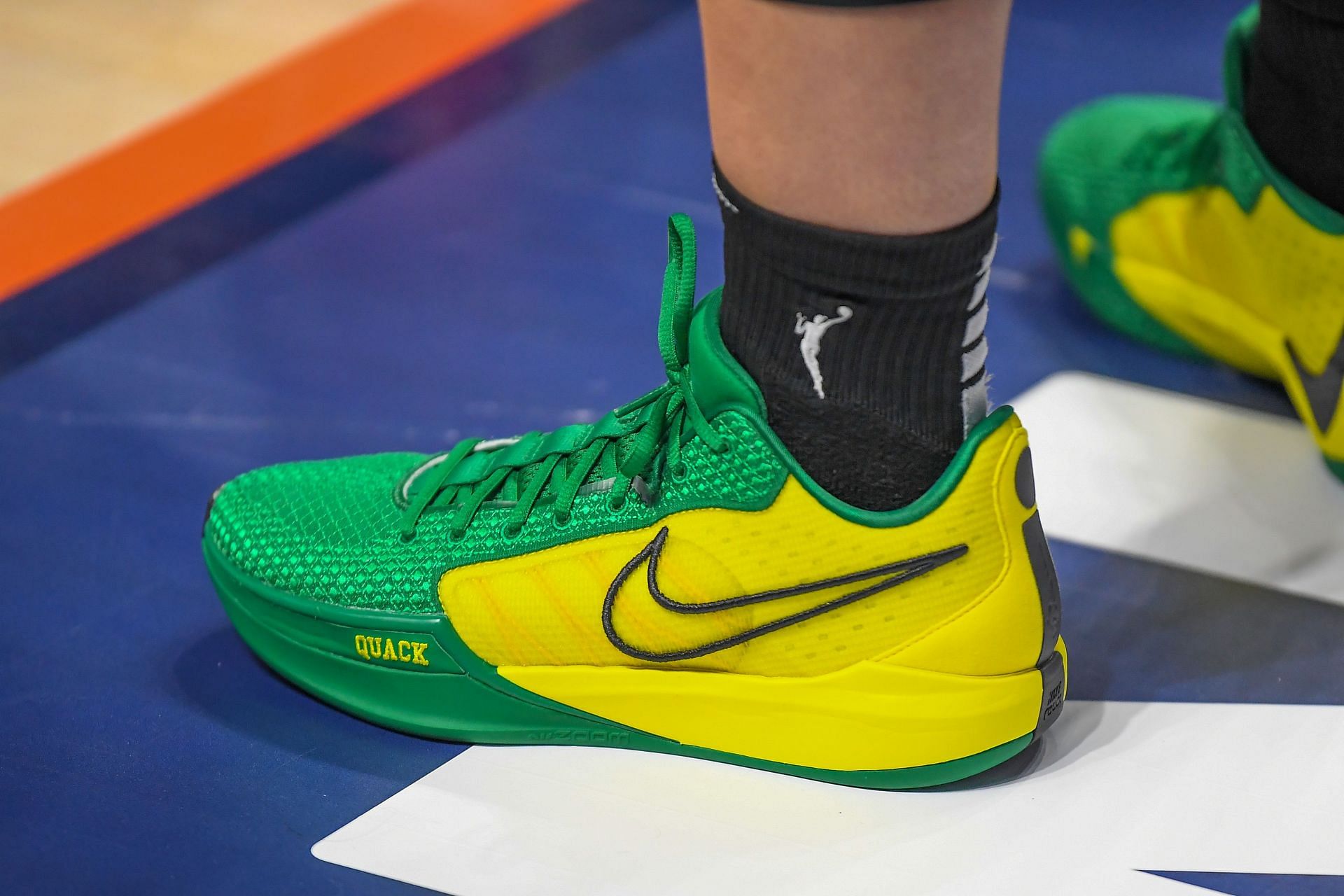 A detailed view of the Oregon Ducks colorway Sabrina 1 Nike shoe worn by New York Liberty guard Sabrina Ionescu (20) during a WNBA game - Source: Getty