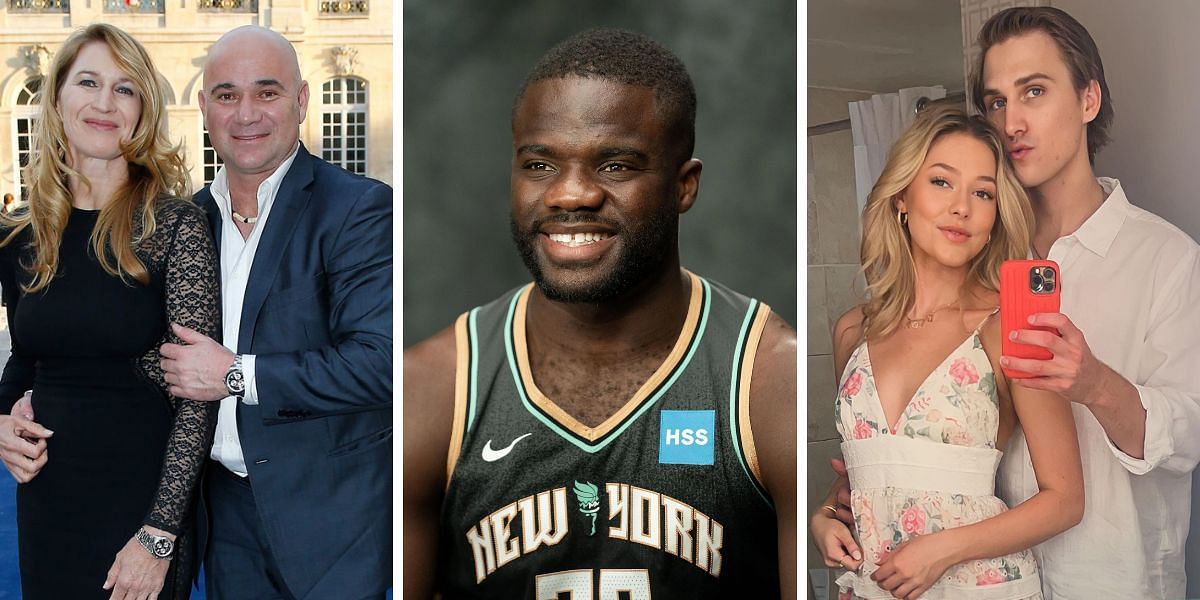 (Left to Right) Steffi Graf, Andre Agassi, Frances Tiafoe, Catherine Holt, Jaden Agassi [Image source: Getty; @jadenagassi on Instagram]