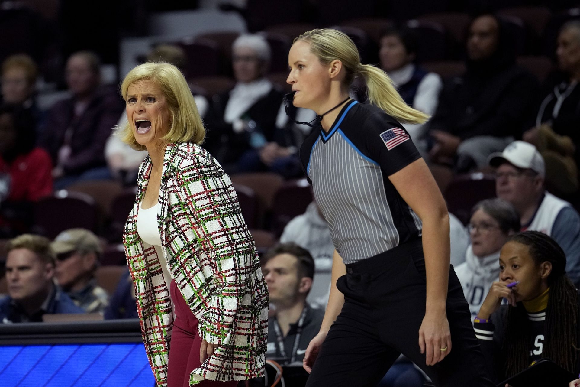 LSU Tigers coach Kim Mulkey relays instructions to her team against the Seton Hall Pirates on Dec. 17. Photo: Getty