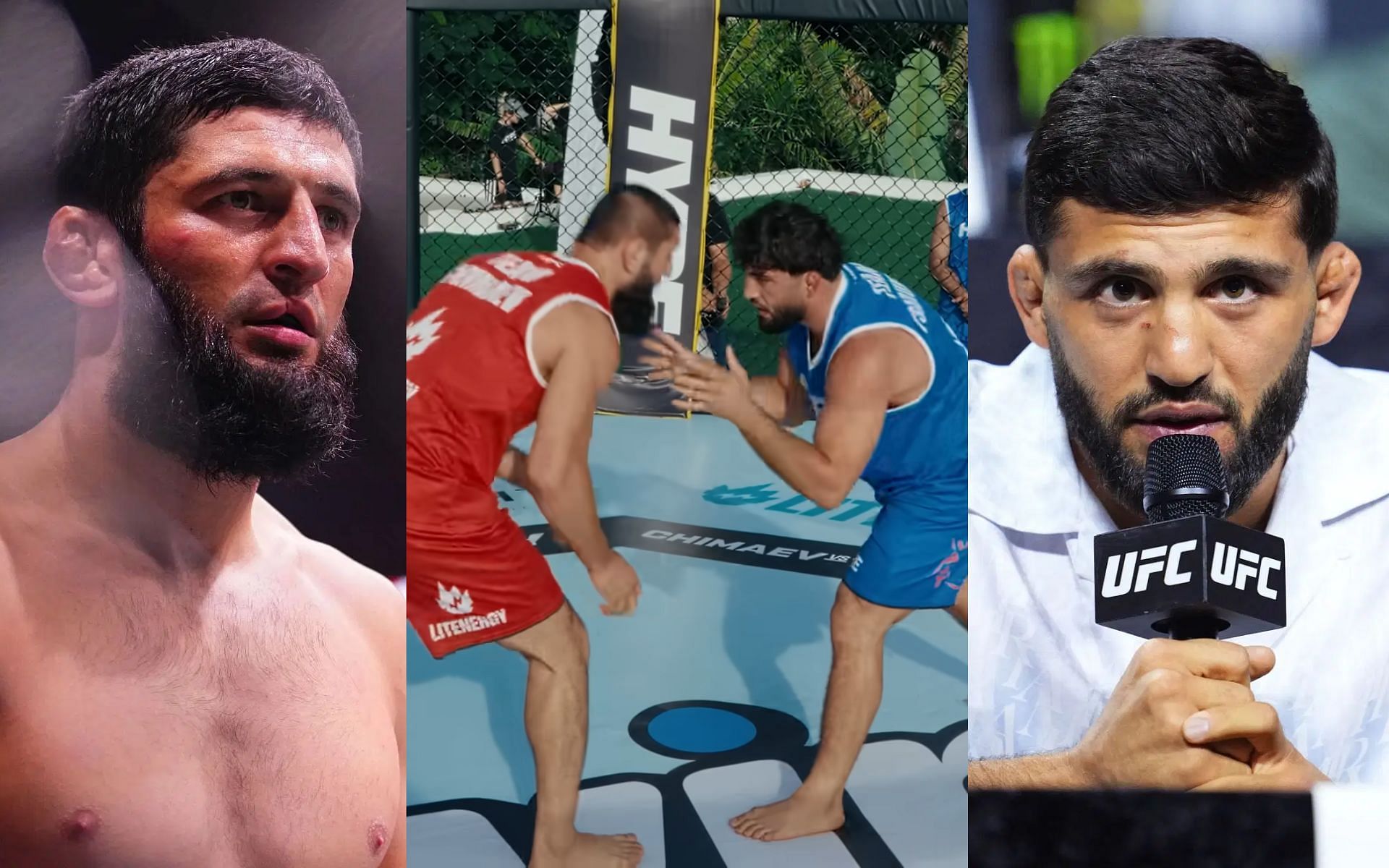 Arman Tsarukyan (right) breaks down grappling match (middle) with Khamzat Chimaev (left) [Images courtesy: Getty Images, @hypefightingchampionship on YouTube]