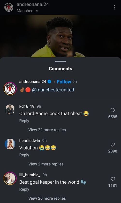 Fans' comments on Andre Onana's post (Screenshot from Ig/@andreonana.24)